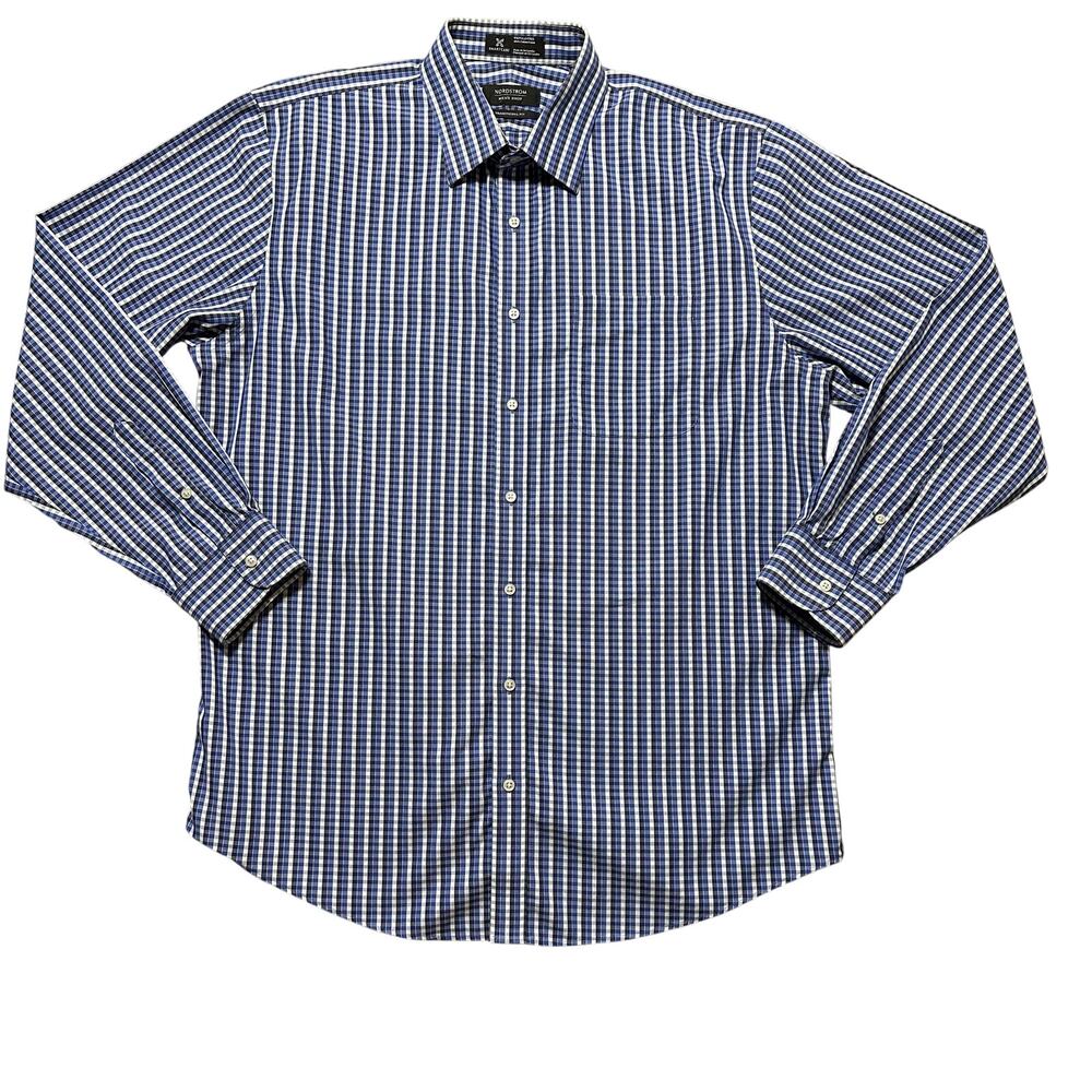 Nordstrom Men’s 16.5 35 Blue Check Dress Shirt Traditional Fit Smartcare Cotton